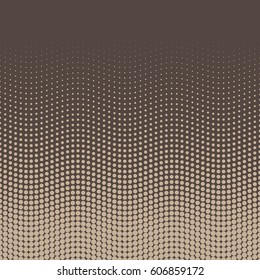 Halftone background of dots in wavy arrangement. Beige-brown bottom-top gradient. Abstract retro coffee style vector wallpaper.