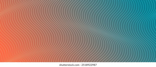 Plano de fundo de meio-tom com pontos fluindo. Textura de onda abstrata verde e laranja. Ilustração vetorial