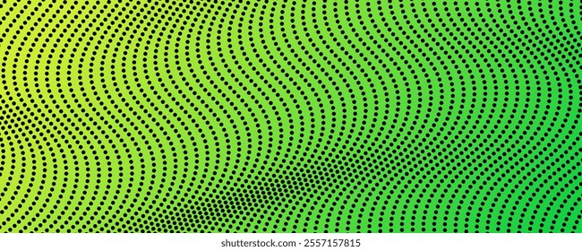 Halftone background with flowing dots. Green abstract wave texture. Vector illustration