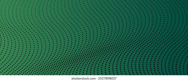 Halftone background with flowing dots. Green abstract wave texture. Vector illustration