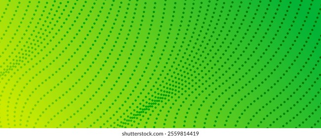 Halftone background with flowing dots. Green abstract wave texture. Vector illustration