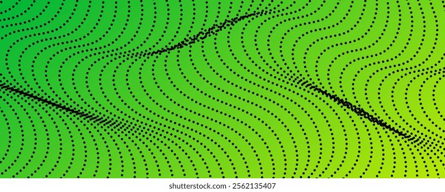 Halftone background with flowing dots. Green abstract wave texture. Vector illustration