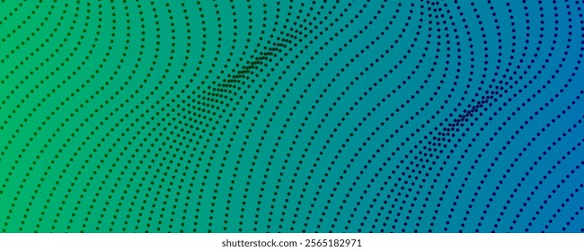 Halftone background with flowing dots. Green abstract wave texture. Vector illustration