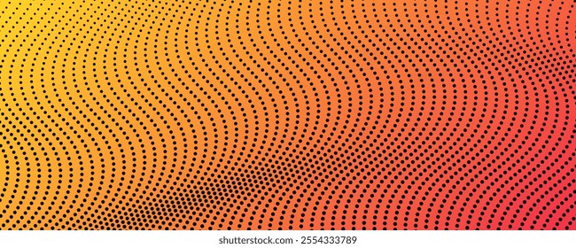 Halftone background with flowing dots. Orange abstract wave texture. Vector illustration