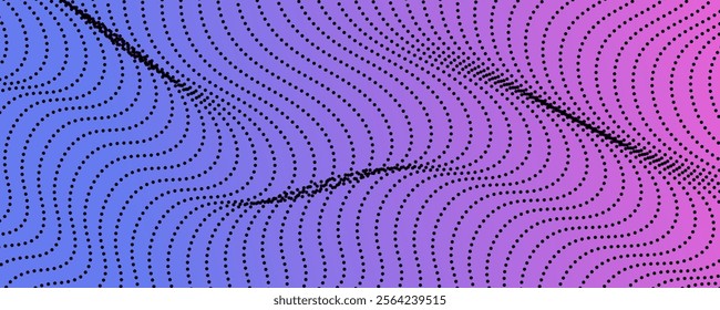 Halftone background with flowing dots. Purple abstract wave texture. Vector illustration
