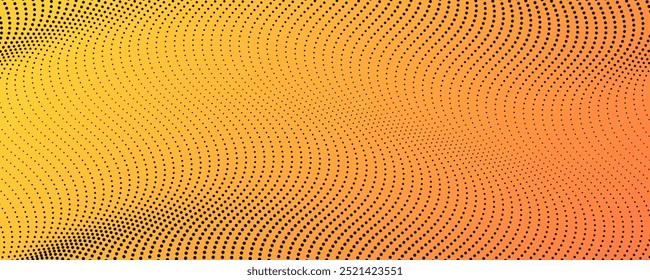 Plano de fundo de meio-tom com pontos fluindo. Textura de onda abstrata amarela. Ilustração vetorial
