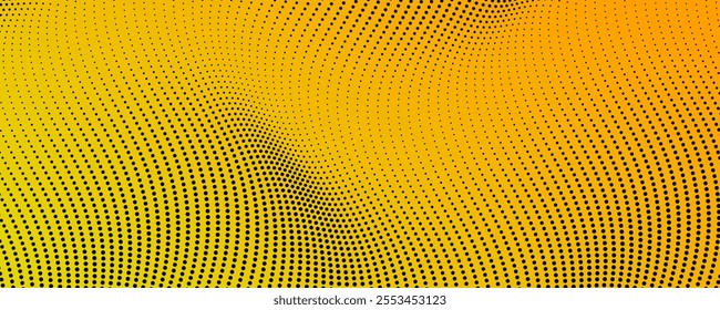 Halftone background with flowing dots. Yellow abstract wave texture. Vector illustration