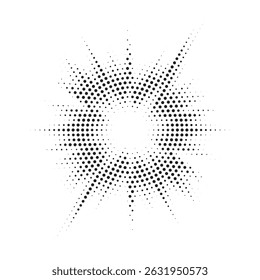 Halftone Background. Glowing light Halftone effect. Abstract grunge Starburst halftone dots background. Star Flare, Shine light halftone texture. Retro background, pop art style.	