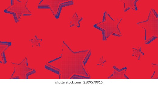 Halftone background. An illustration of round particles. The dots form images. Vector graphics. Stars on a red background.