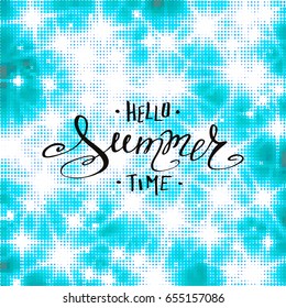 Halftone  background with Lettering Hello Summer. Hand drawn calligraphy. Handwritten summer poster. Design element for seasonal banners,sale, cards. Vector illustration