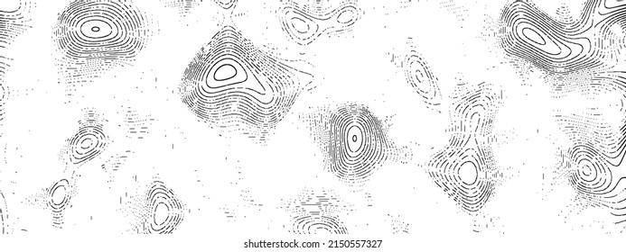 Halftone background. Ornament chaotic circles, lines, waves. Fingerprint. Maze. Pattern wooden board of particles, dots. Rock garden. Banner technology, medicine, business, social networks. Vector.