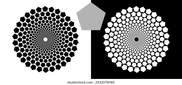 Halftone background with pentagons in circle form. Design element or icon. Black shape on a white background and the same white shape on the black side.