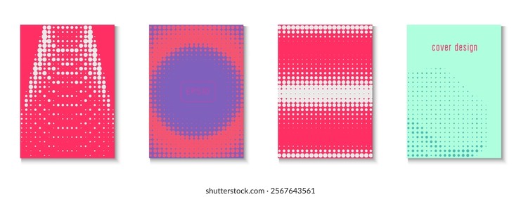 Halftone Background Set. Color Circles On Memphis Layout. Linear Frame With Geometric Design. Book Flyer. Minimalist Music Template. Geometric Abstract Cover. Trendy Halftone Background