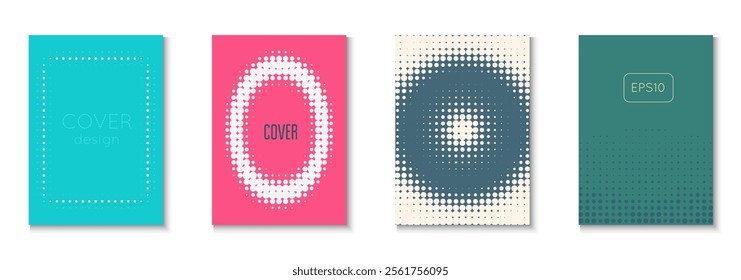 Halftone Background Set. Cool Memphis Art With Circles. Linear Frame With Geometric Design. Line Flyer. Minimalist Dot Pattern. Geometric Graphic Cover. Trendy Halftone Background