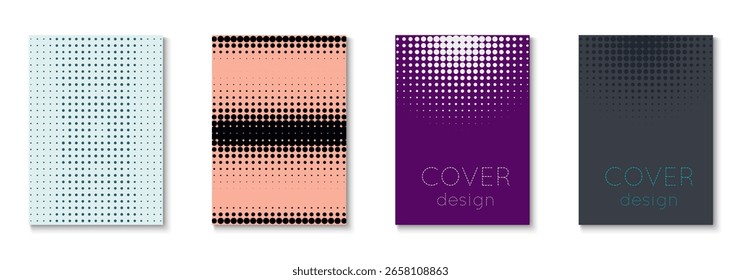 Halftone Background Set. Cool Memphis Art With Circles. Dynamic Elements In 2d Presentation. Book Flyer. Minimalist Business Poster. Geometric Dot Texture. Trendy Halftone Background