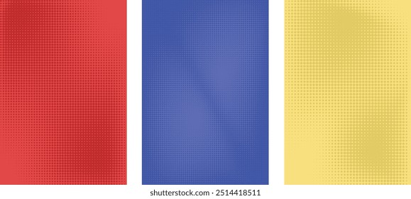 Halftone background set with dots. Colorful pop art pattern in comic style in 3 different colors and styles. Colorful dot texture. Vector illustration