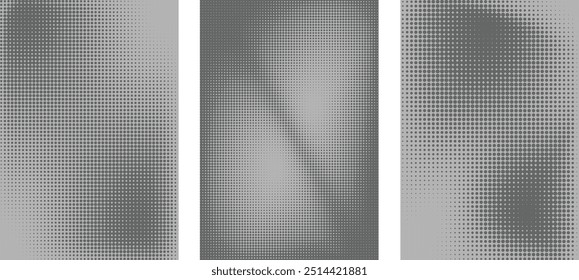 Halftone background set with dots. Greyscale pop art pattern in comic style in 3 different styles. Vector illustration