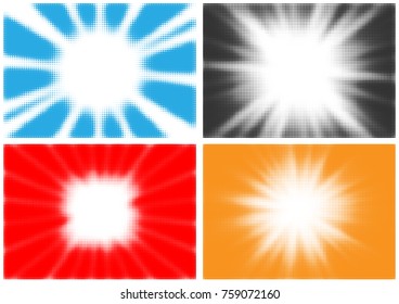 Halftone background. Set of four radial gradient backgrounds of dots. Vector illustration