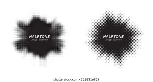 Halftone background set. Glowing light halftone effect. Abstract grunge starburst halftone dots background. Star flare, shine light halftone texture. Retro style dotted background.