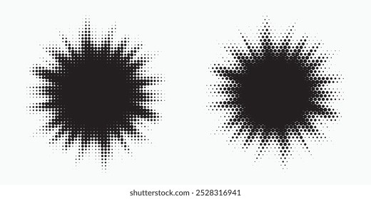 Halftone background set. Glowing light halftone effect. Abstract grunge starburst halftone dots background. Star flare, shine light halftone texture. Retro style dotted background.