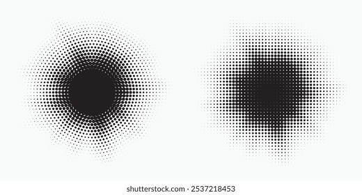 Halftone background set. Glowing light halftone effect. Abstract grunge starburst halftone dots background. Star flare, shine light halftone texture. Retro style dotted background.	