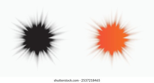 Halftone background set. Glowing light halftone effect. Abstract grunge starburst halftone dots background. Star flare, shine light halftone texture. Retro style dotted background.	