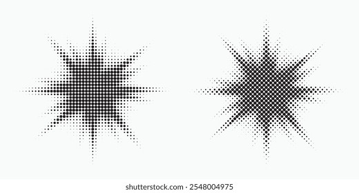 Halftone background set. Glowing light halftone effect. Abstract grunge starburst halftone dots background. Star flare, shine light halftone texture. Retro style dotted background.