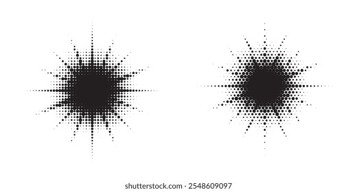 Halftone background set. Glowing light halftone effect. Abstract grunge starburst halftone dots background. Star flare, shine light halftone texture. Retro style dotted background.	