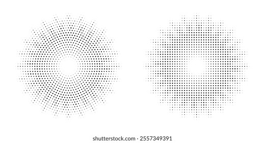 Halftone background set. Glowing light halftone effect. Abstract grunge starburst halftone dots background. Star flare, shine light halftone texture. Retro style dotted background.	
