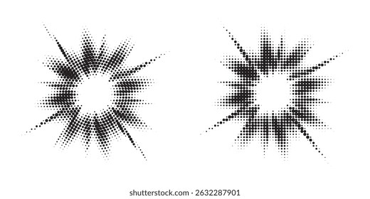 Halftone background set. Glowing light halftone effect. Abstract grunge starburst halftone dots background. Star flare, shine light halftone texture set. Retro background, pop art style.	