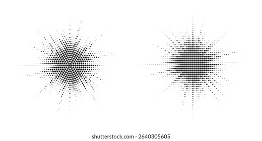 Halftone background set. Glowing light halftone effect. Abstract grunge starburst halftone dots background. Star flare, shine light halftone texture. Retro style dotted background.	