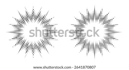 Halftone background set. Glowing light halftone effect. Abstract grunge starburst halftone dots background. Star flare, shine light halftone texture. Retro style dotted background.	