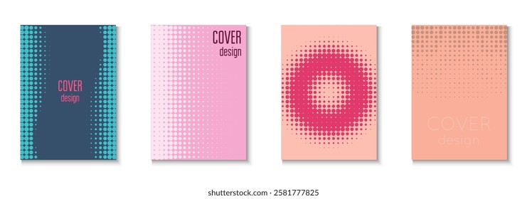 Halftone Background Set. Summer Circles With Modern Art. Linear Shapes In Annual Frame. Dot Flyer. Minimalist Party Poster. Geometric Line Pattern. Trendy Halftone Background