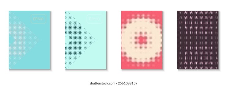 Halftone Background Set. Summer Concept With Minimal Art. Linear Shapes For Brand Folder. Abstract Flyer. Minimalist Line Cover. Geometric Party Poster. Trendy Halftone Background