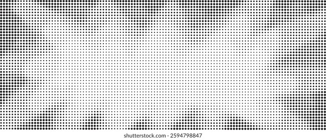 Halftone background in the shape of rays, star. Big and small black dots, horizontal monochrome abstract poster, shine and explosion pop art vector pattern, gradient and grunge retro effect