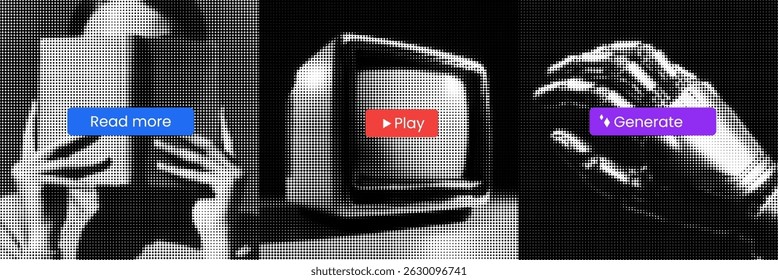Halftone backgrounds kit with bold post and square button. Robot hand, woman reading — tech meets retro collage chic.