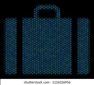 Halftone Baggage collage icon of circle bubbles in blue color tints on a black background. Vector circle bubbles are grouped into baggage collage.