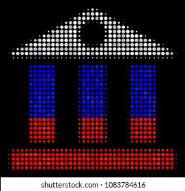 Halftone Bank Building pictogram colored in Russia state flag colors on a dark background. Vector composition of bank building icon formed with circle pixels.