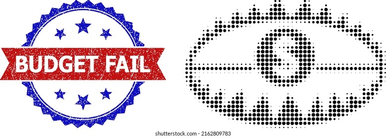Halftone bank trap icon, and bicolor scratched Budget Fail seal stamp. Halftone bank trap icon is generated with small round items. Vector watermark with scratched bicolored style,