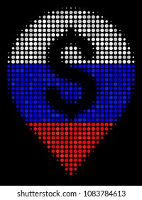 Halftone Banking Map Marker icon colored in Russia state flag colors on a dark background. Vector collage of banking map marker icon formed from spheric items.