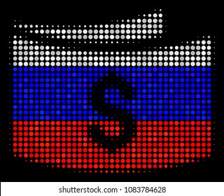 Halftone Banknotes icon colored in Russian state flag colors on a dark background. Vector mosaic of banknotes icon organized of round pixels.