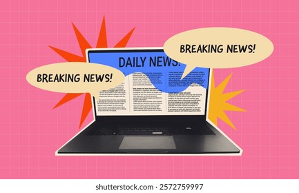 halftone banner about Online Breaking News on Laptop with Speech Bubbles