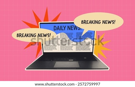 halftone banner about Online Breaking News on Laptop with Speech Bubbles