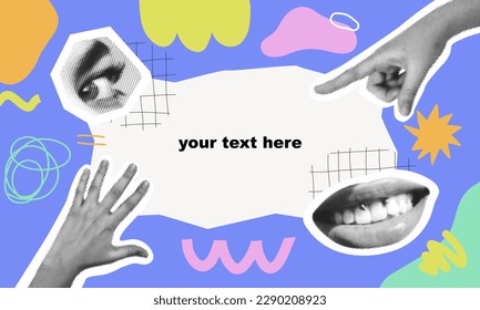 Halftone banner with hands and lips. Love card. Gesture signs. Modern art collage. Trendy vector pieces. Creative collage in Y2K style