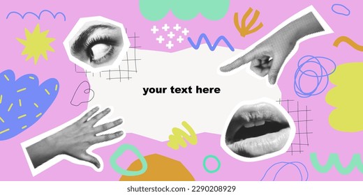 Halftone banner with hands and lips. Love card. Gesture signs. Modern art collage. Trendy vector pieces. Creative collage in Y2K style