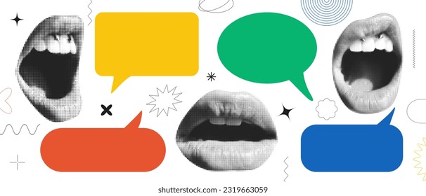 Halftone banner with lips. Love card. Gesture signs. Modern art collage. Trendy vector pieces. Creative collage in Y2K style
