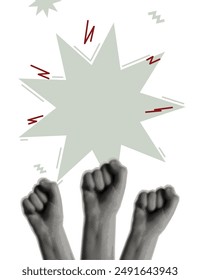 halftone banner in magazine style, protest, people raised their fists, illustration of riot, demonstration of success and victory