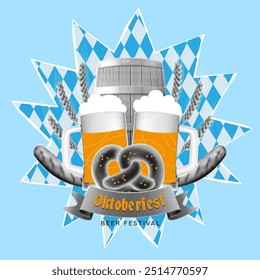 Halbtonbanner für Oktoberfestdekoration. Vektorhalbton Oktoberfest Hintergrund. Halbton Bierkrug, Fass, Würste, Brezel, Weizen auf Hintergrund von ausgeschnittenem Papier mit weißem und blauem Rhombus.