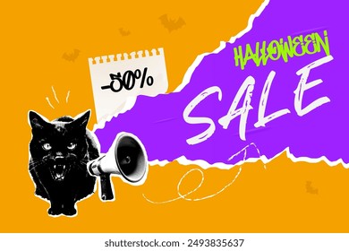 Halftone banner, retro pop collage for Halloween sale. Black cat and megaphone.  