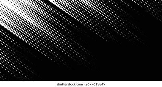 Un diseño de Plantilla de Anuncio semitono con un estilo de línea de velocidad abstracto. Un patrón semitono blanco con puntos y un fondo texturizado grunge.